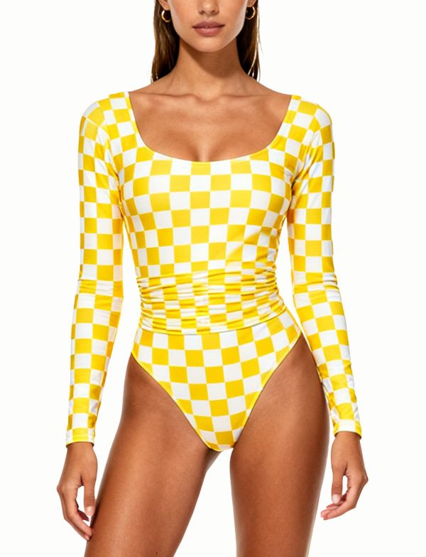 womens-square-neck-checkerboard-trendy-unique-long-sleeve-one-piece-swimsuit